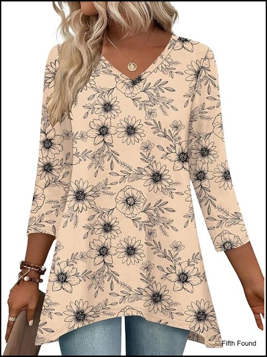 Tops - V Neck 3/4 Sleeve Tunic Blouse Flowy Dressy Casual Plus Size Top